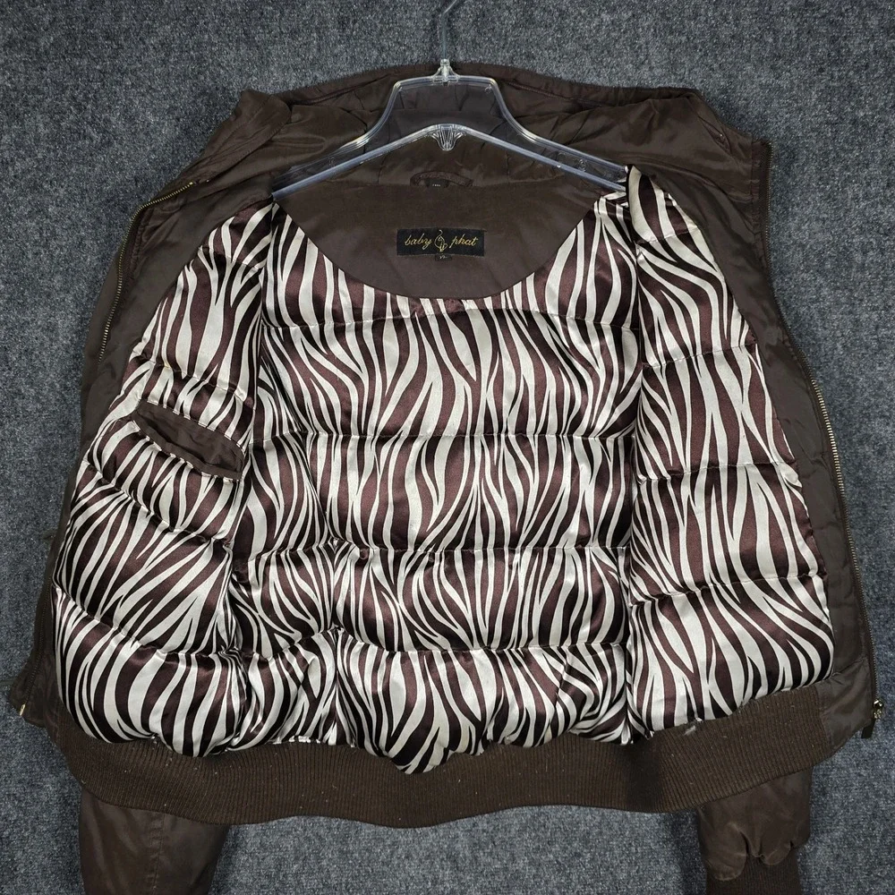 Vintage Y2K Baby Phat Jacket Women's XL Bomber Puffer Brown Hooded Cat Logo Down